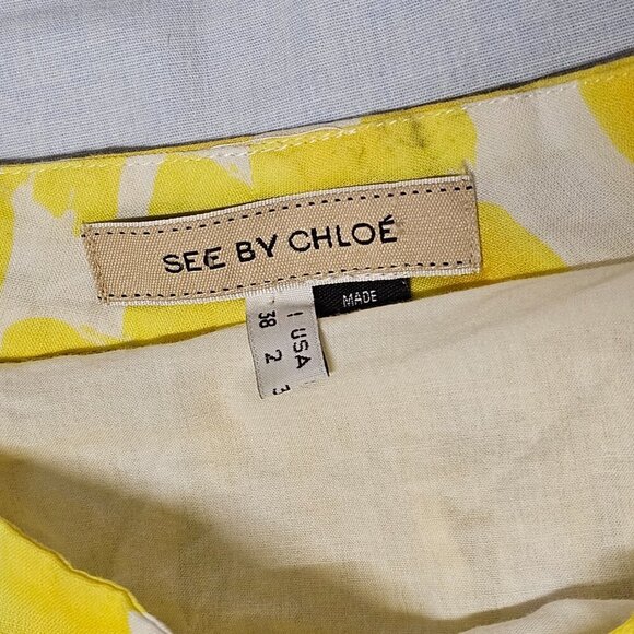 SEE BY CHLOE Yellow Printed Pleated Swing Blouse Women Size 2 - Picture 7 of 16
